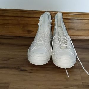 White fuzzy converse high tops